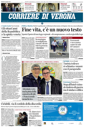 Prima pagina Corriere di Verona di oggi - Quotidiano regionale