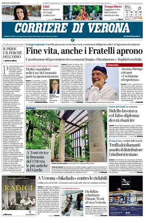 Prima pagina Corriere di Verona di oggi - Quotidiano regionale