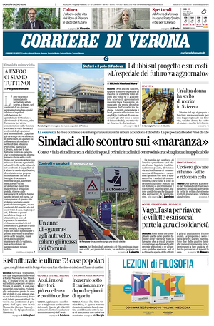 Prima pagina Corriere di Verona di oggi - Quotidiano regionale