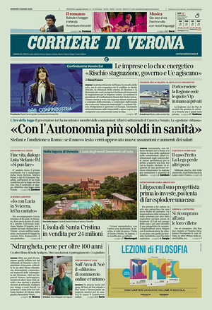 Prima pagina Corriere di Verona di oggi - Quotidiano regionale