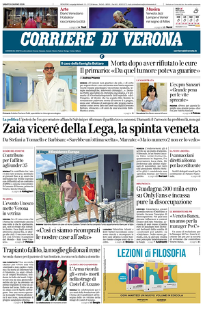 Prima pagina Corriere di Verona di oggi - Quotidiano regionale
