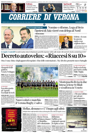 Prima pagina Corriere di Verona di oggi - Quotidiano regionale