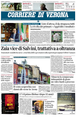 Prima pagina Corriere di Verona di oggi - Quotidiano regionale