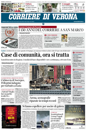 Prima pagina Corriere di Verona di oggi - Quotidiano regionale