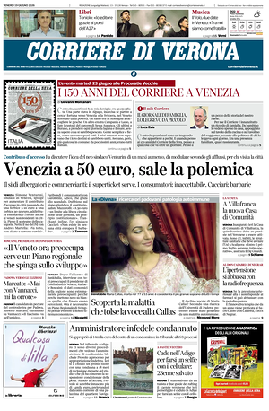 Prima pagina Corriere di Verona di oggi - Quotidiano regionale