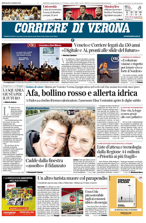 Prima pagina Corriere di Verona di oggi - Quotidiano regionale