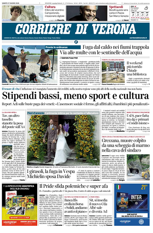 Prima pagina Corriere di Verona di oggi - Quotidiano regionale