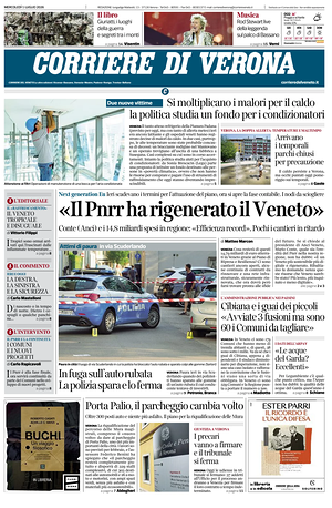 Prima pagina Corriere di Verona di oggi - Quotidiano regionale
