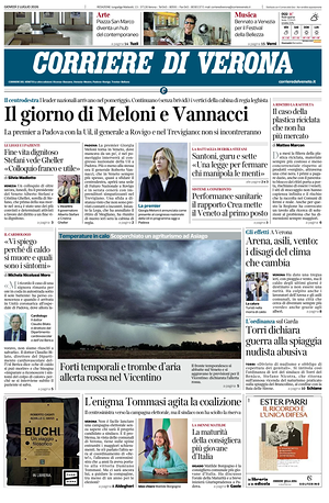 Prima pagina Corriere di Verona di oggi - Quotidiano regionale