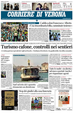 Prima pagina Corriere di Verona di oggi - Quotidiano regionale