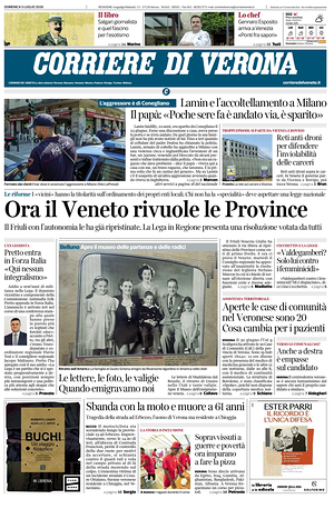 Prima pagina Corriere di Verona di oggi - Quotidiano regionale