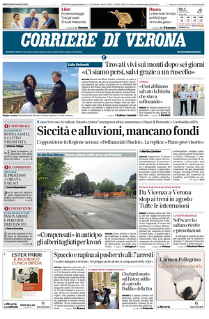 Prima pagina Corriere di Verona di oggi - Quotidiano regionale