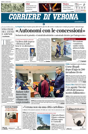 Prima pagina Corriere di Verona di oggi - Quotidiano regionale