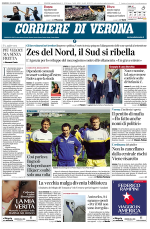 Prima pagina Corriere di Verona di oggi - Quotidiano regionale