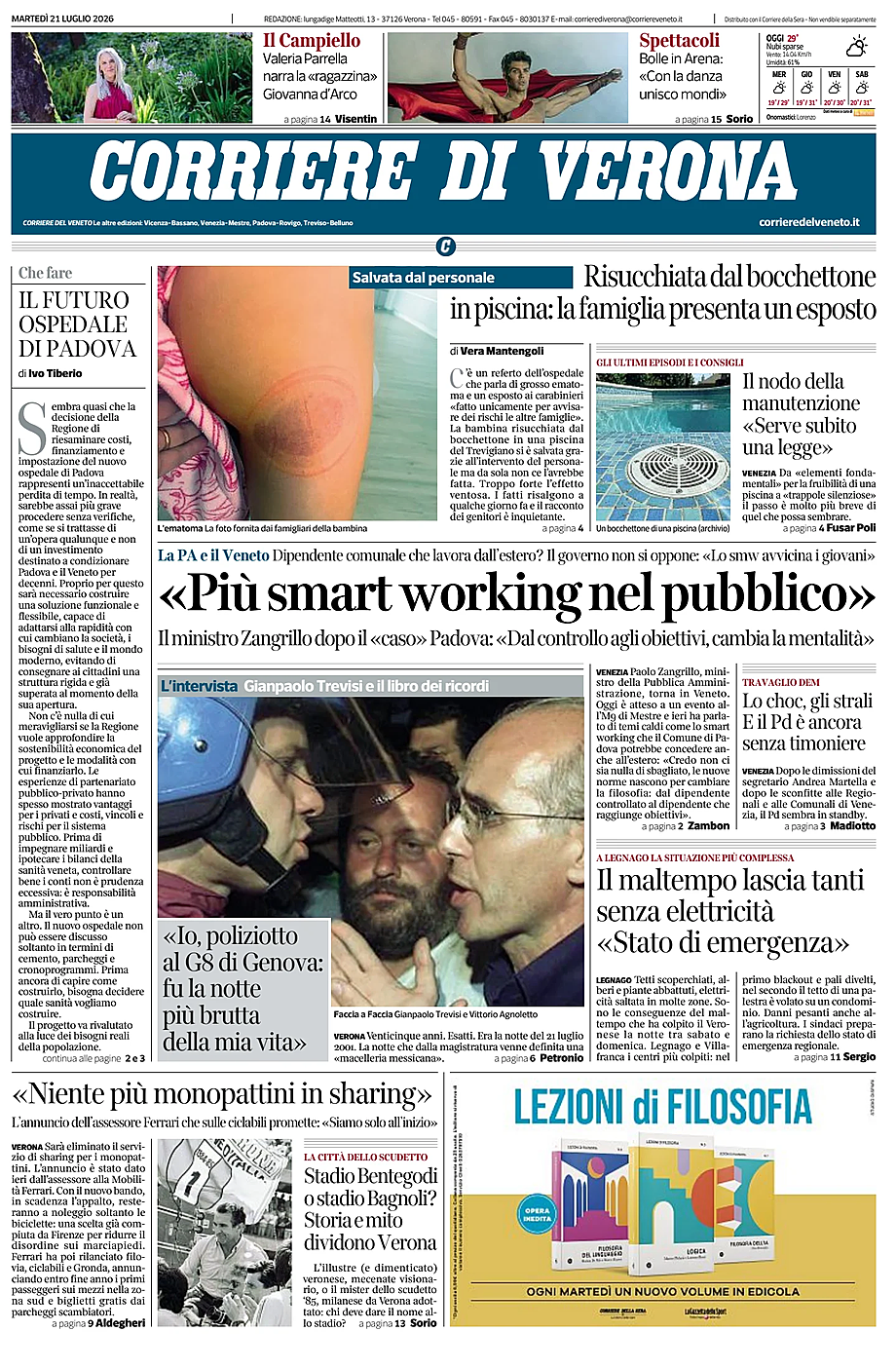 Prima pagina Corriere di Verona di oggi - Edicola 21 Luglio 2026