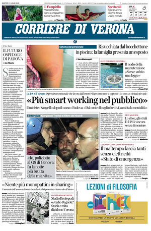 Prima pagina Corriere di Verona di oggi - Quotidiano regionale