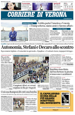 Prima pagina Corriere di Verona di oggi - Quotidiano regionale