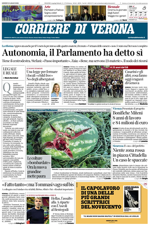 Prima pagina Corriere di Verona di oggi - Quotidiano regionale