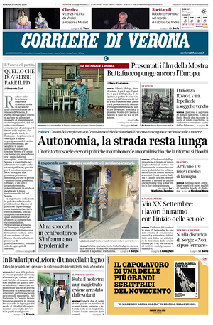 Prima pagina Corriere di Verona di oggi - Quotidiano regionale