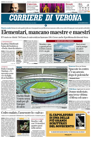 Prima pagina Corriere di Verona di oggi - Quotidiano regionale