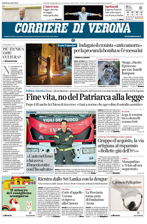 Prima pagina Corriere di Verona di oggi - Quotidiano regionale