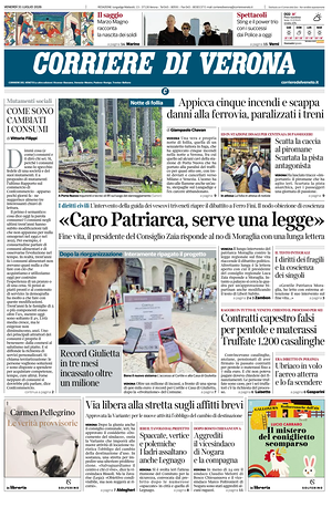 Prima pagina Corriere di Verona di oggi - Quotidiano regionale