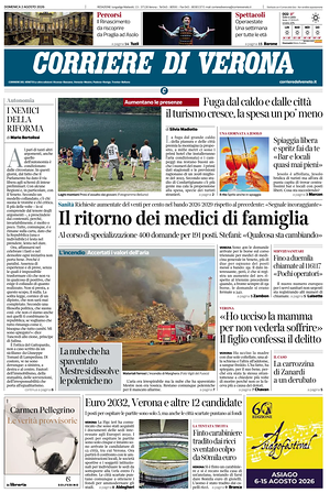 Prima pagina Corriere di Verona di oggi - Quotidiano regionale