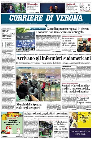 Prima pagina Corriere di Verona di oggi - Quotidiano regionale