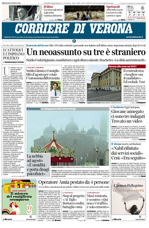 Prima pagina Corriere di Verona di oggi - Quotidiano regionale
