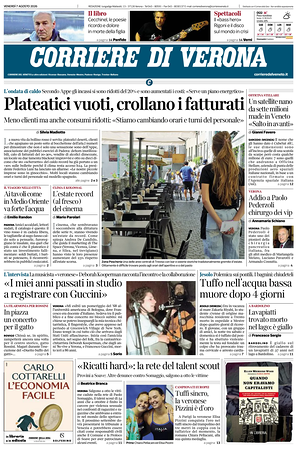 Prima pagina Corriere di Verona di oggi - Quotidiano regionale