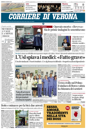 Prima pagina Corriere di Verona di oggi - Quotidiano regionale