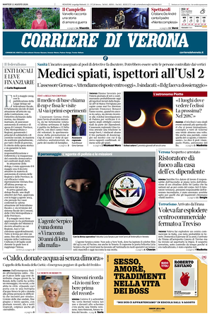 Prima pagina Corriere di Verona di oggi - Quotidiano regionale