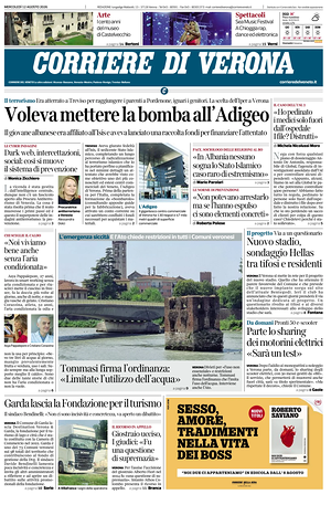Prima pagina Corriere di Verona di oggi - Quotidiano regionale