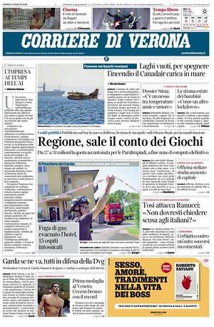 Prima pagina Corriere di Verona di oggi - Quotidiano regionale