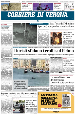 Prima pagina Corriere di Verona di oggi - Quotidiano regionale