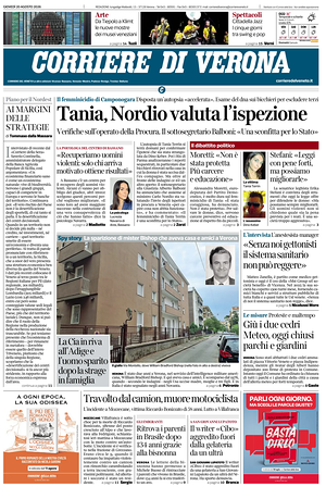 Prima pagina Corriere di Verona di oggi - Quotidiano regionale