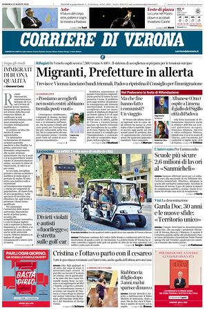 Prima pagina Corriere di Verona di oggi - Quotidiano regionale