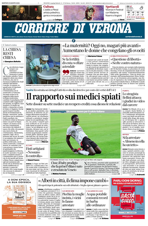 Prima pagina Corriere di Verona di oggi - Quotidiano regionale
