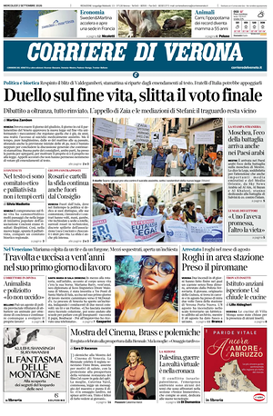 Prima pagina Corriere di Verona di oggi - Quotidiano regionale