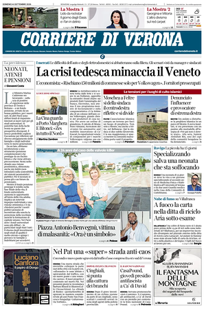 Prima pagina Corriere di Verona di oggi - Quotidiano regionale
