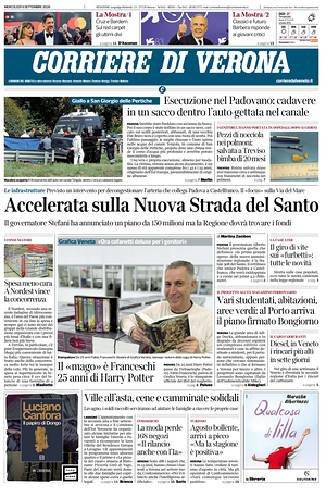 Prima pagina Corriere di Verona di oggi - Quotidiano regionale