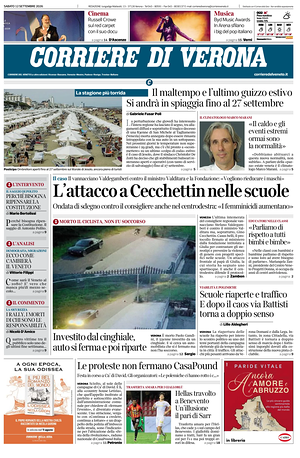 Prima pagina Corriere di Verona di oggi - Quotidiano regionale