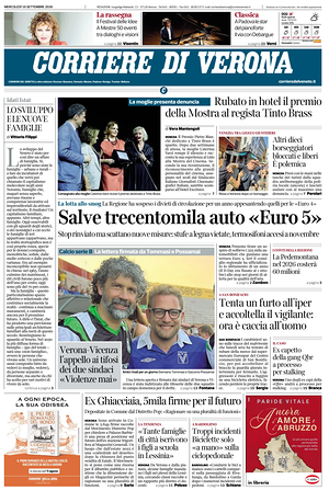 Prima pagina Corriere di Verona di oggi - Quotidiano regionale