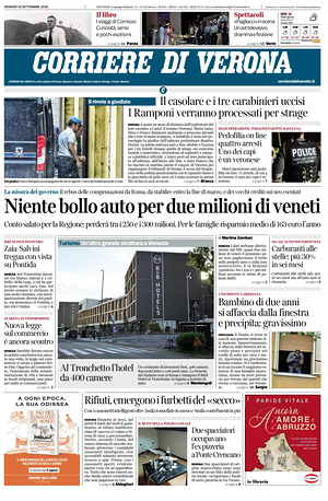 Prima pagina Corriere di Verona di oggi - Quotidiano regionale