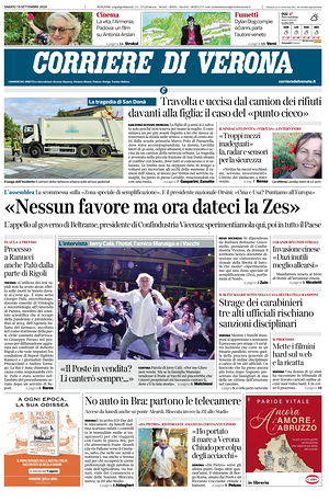 Prima pagina Corriere di Verona di oggi - Quotidiano regionale
