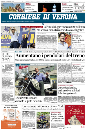 Prima pagina Corriere di Verona di oggi - Quotidiano regionale