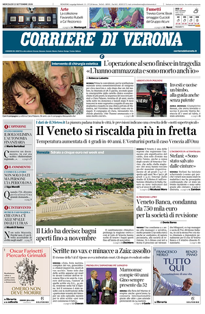Prima pagina Corriere di Verona di oggi - Quotidiano regionale