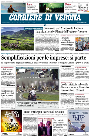 Prima pagina Corriere di Verona di oggi - Quotidiano regionale