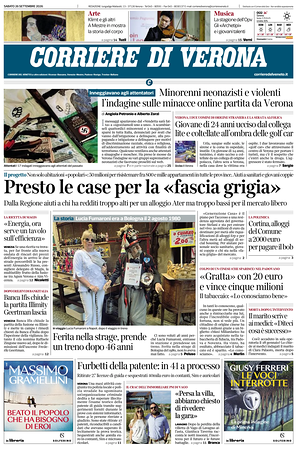 Prima pagina Corriere di Verona di oggi - Quotidiano regionale