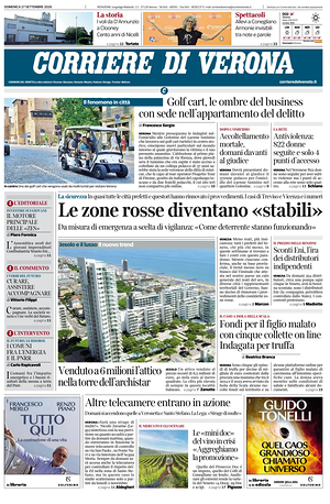 Prima pagina Corriere di Verona di oggi - Quotidiano regionale